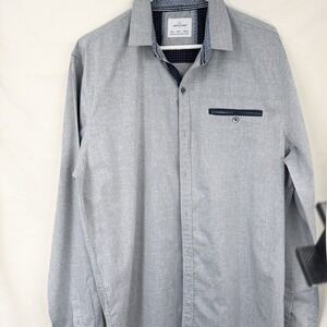 Craft+Flow Shirt Men Large grey W/ Blue Button Up Long Sleeve Pocket‎